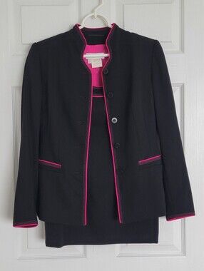 Vintage Escada Margaretha Ley Black Wool Skirt Suit Pink Trim Jacket 34 Skirt 38